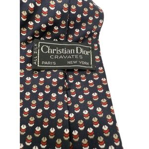 Christian Dior Cravates Silk Necktie Navy‎ Blue Red White Tan Geometric Pattern